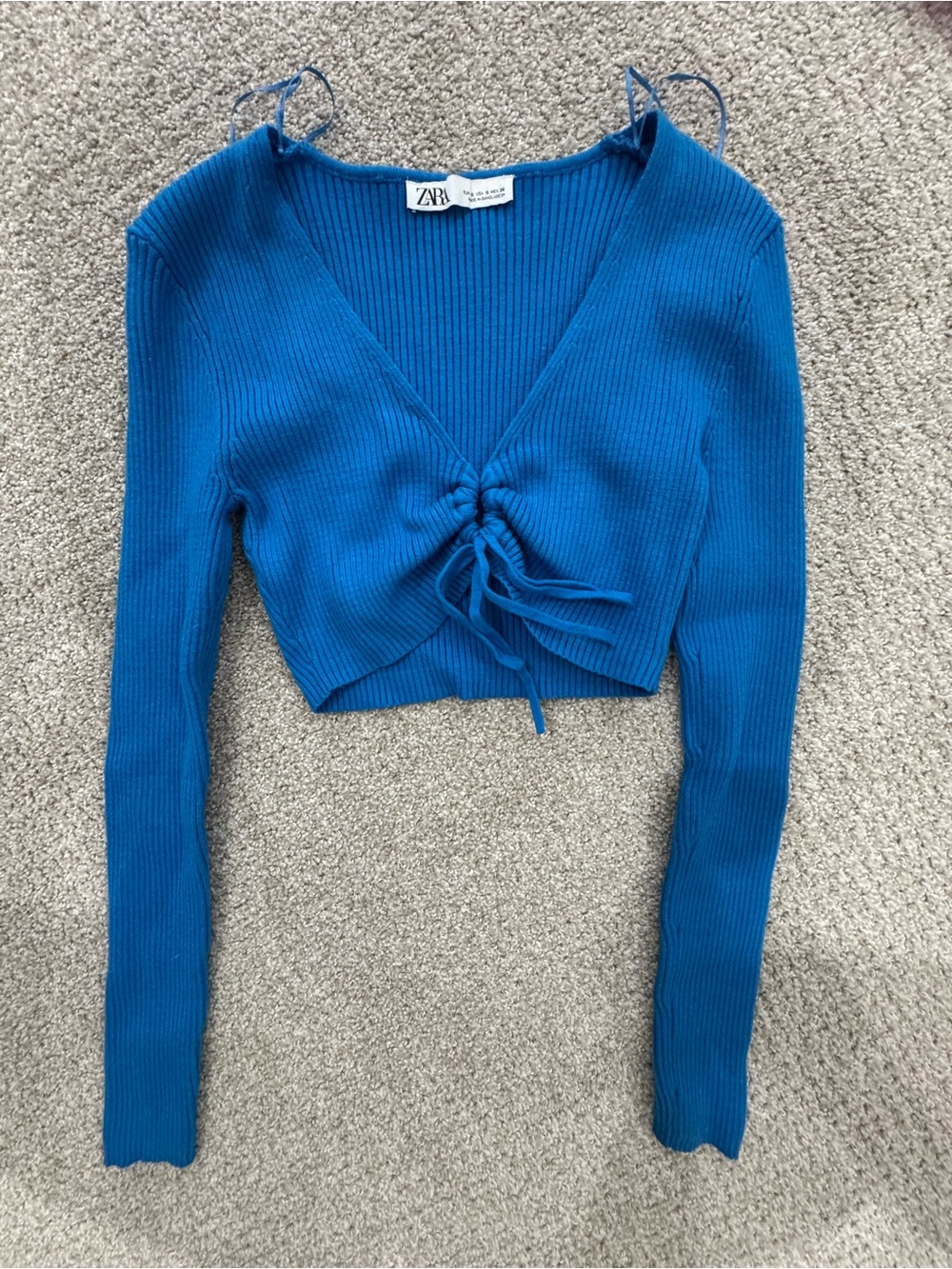 Zara Teal-Blue Ribbed Drawstring V-Neck Crop Top